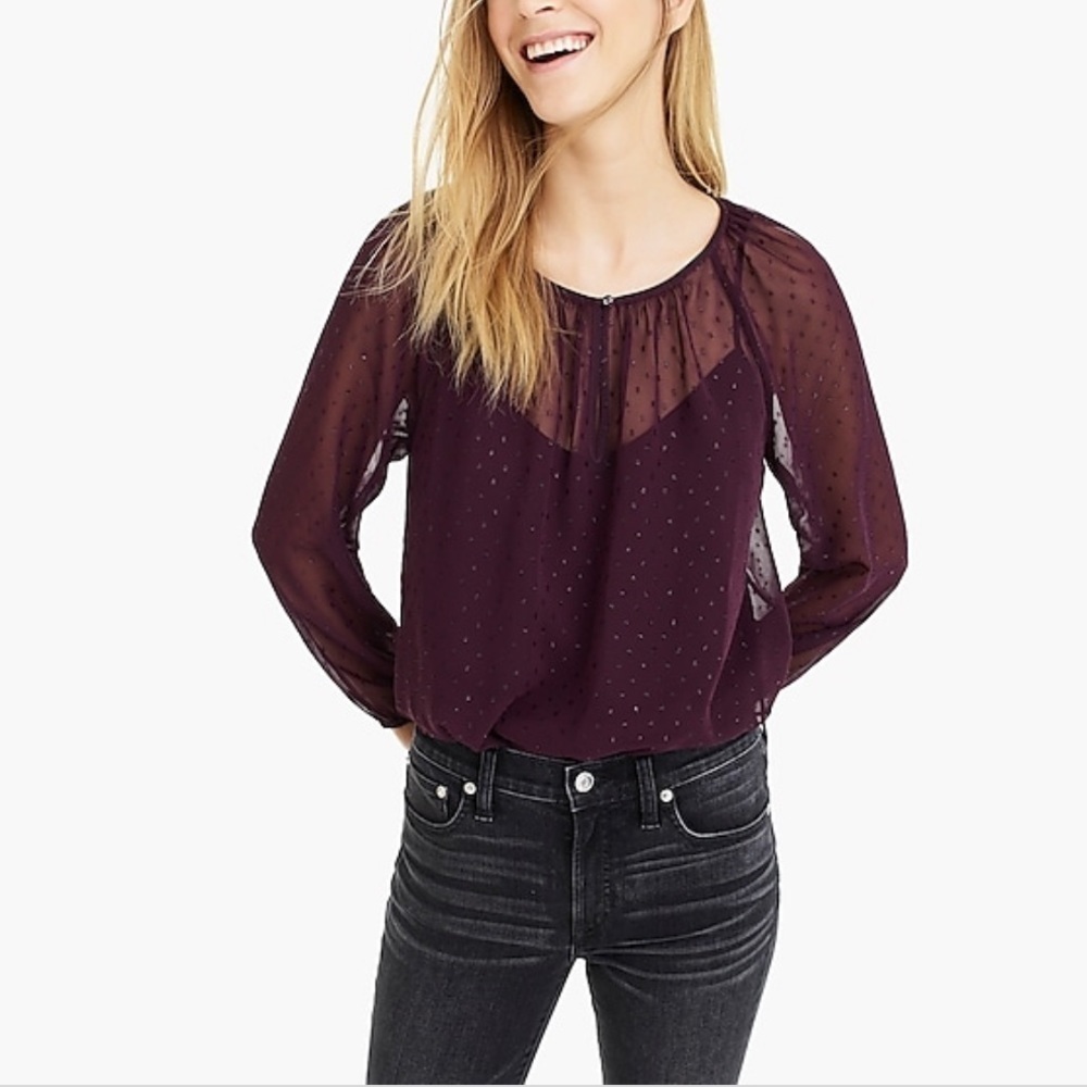J crew point sur popover in pin dot chiffon blouse